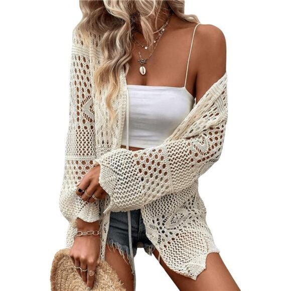 Tie Front Sheer Kimono Cardigan Cover Up Hollow Out Crochet Boho Beach Outfit - Picture 5 of 6